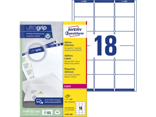Adresetiket Avery QuickPeel L7161-100 63.5x46.6mm Wit 1800 stuks