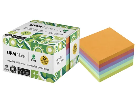 Sticky notes UPM recycled 75x75mm assorti blok 450 vel, doos 1x blok