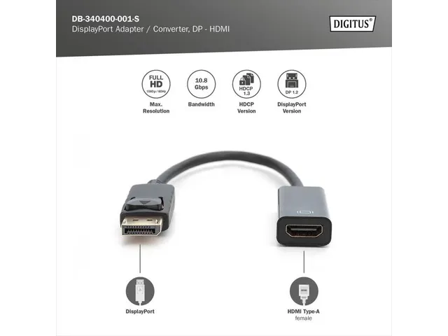 DisplayPort-adapterkabel Type DP HDMI A M/F 0,15m Full HD DP 1.1a Zwar