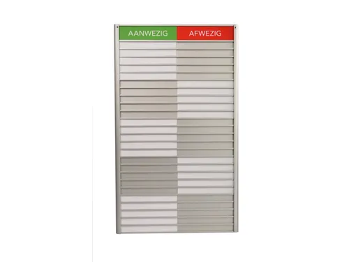 Menoor In-Uit bord 25 namen Aluminium Aanwezig/Afwezig Groen/rood