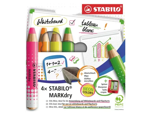 Whiteboardpotlood STABILO MARKdry 4 stuks neon kleuren