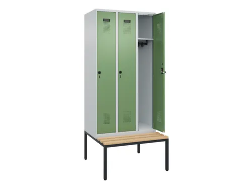 locker met bank,HxBxD 2120x900x815mm,3vak,vak B 300mm,draaigrendel