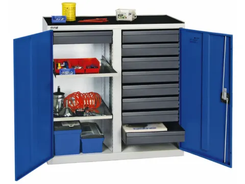 Materiaalkast 1000x1000x500mm 2legborden Uitschuifbaar 9laden Ral5010