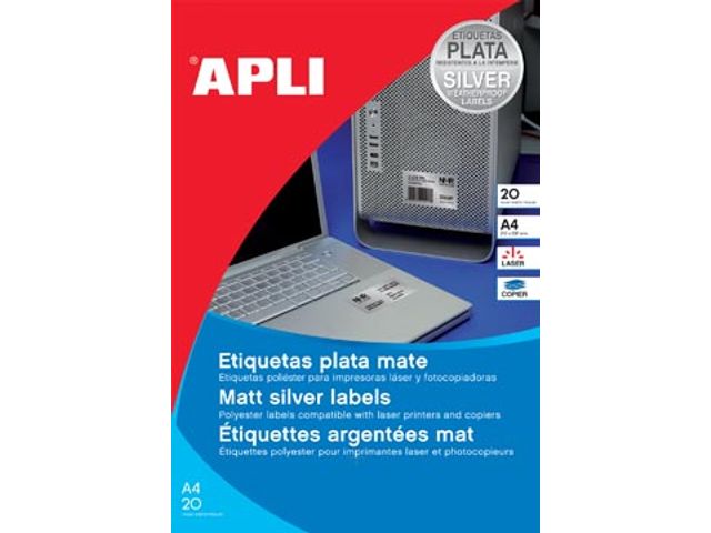 Apli Etiketten ft 210x297mm (b x h), 20 Stuks, 1 per Blad, Zilver | ApliLabels.be