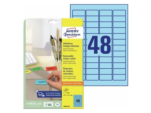 Etiket Avery Ilk 45.7x21.2mm 20 Vel 48 Etiketten Per Vel Blauw