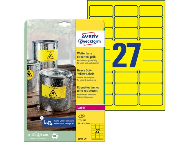 Avery Zweckform Ultra sterk etiket L6105-20 63.5x29.6mm Geel 540 stuks
