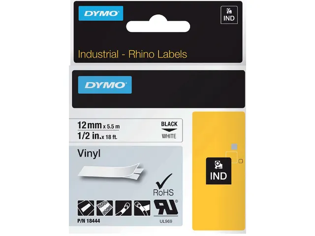 Labeltape Dymo Rhino 18444 Vinyl 12mmx5.5m Zwart Op Wit