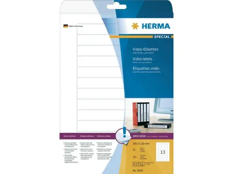 HERMA 5069 Video-etiketten voor VHS rug A4 147,3x20mm Wit 325 stuks