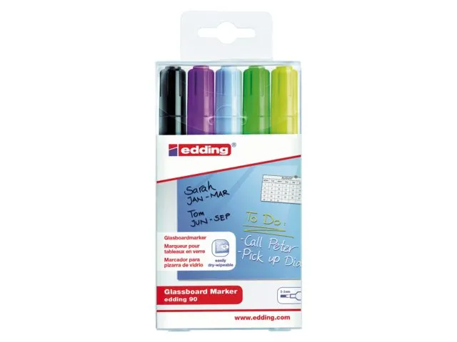 Viltstift edding 90 glasbord ass blister à 5 kleuren incl zw