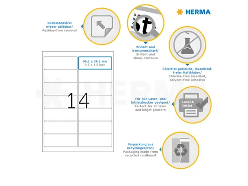 HERMA 10016 Verwijderbaar Adresetiket A4 99,1x38,1mm Wit 350 stuks