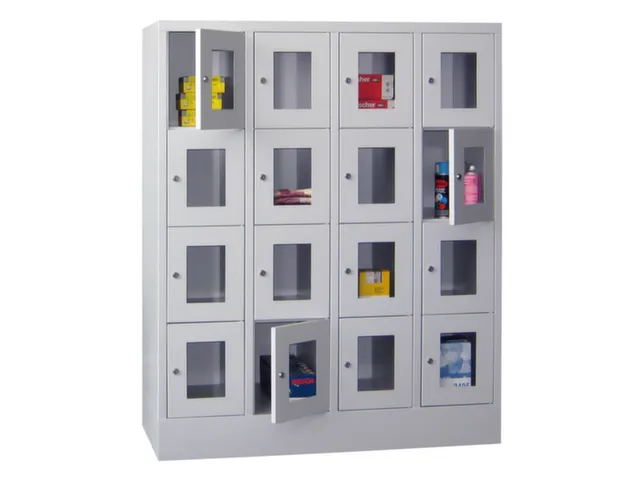 lockerkast,HxBxD 1518x1200x500mm,4x4vakken,RAL7035,front RAL5010