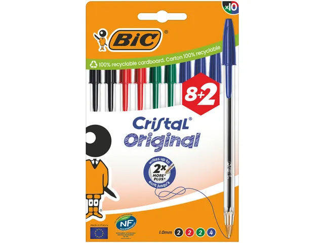 Balpen Bic Cristal medium assorti blister à 8+2 gratis