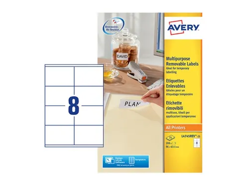 Etiket Avery L4745REV-25 96x63.5mm Afneembaar Wit 200 Stuks
