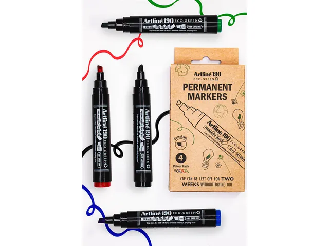 Permanent marker Artline 190 Eco schuin Dry Safe 2-5mm assorti 4 stuks