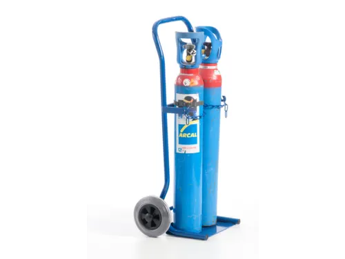 Flessenkar,draagverm. 100kg,2x10l fles,m. ketting,RAL5010,TPE-banden