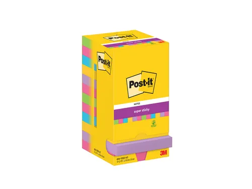 Memoblok Post-it 654 Super Sticky 76x76mm 90 vel rainbow 12 stuks