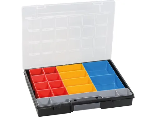 Bak voor kleine onderdelen,HxBxD 55x370x295mm,16bakken,PP,koffer zwart