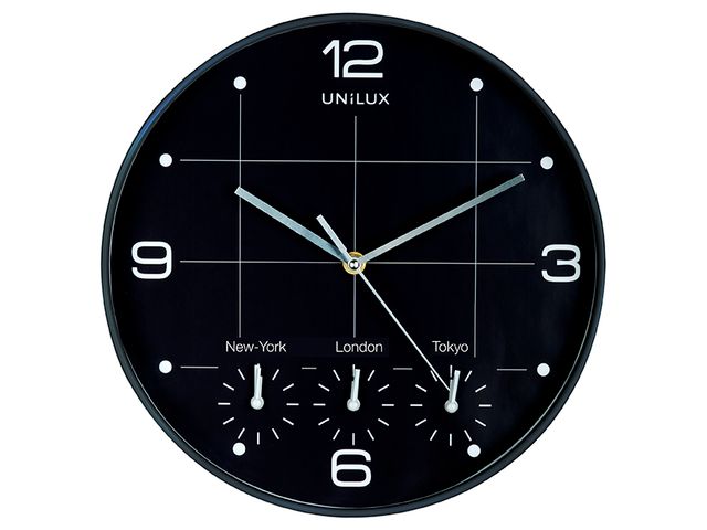 Unilux On Time Klok Metallic Grijs/wit 30.5cm tijdzones cijfers | OfficeKlok.be