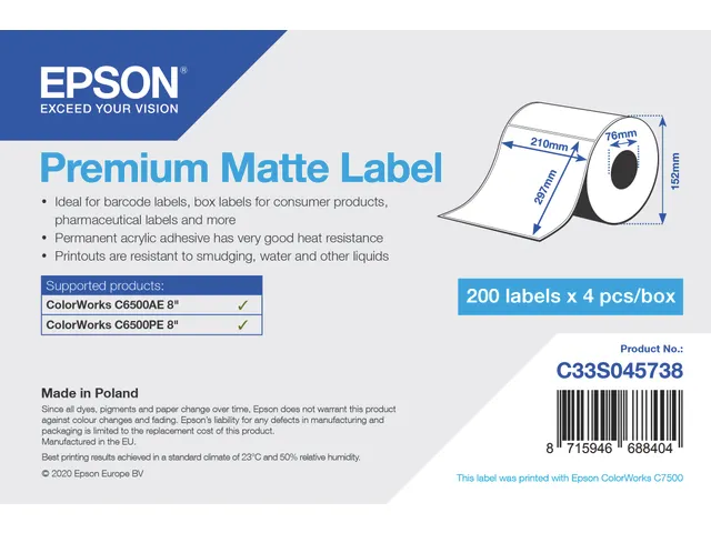 Premium Matte Label - Die Cut Roll: 210mm x 297mm, 200 labels