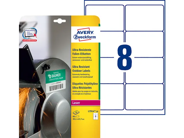 Etiket Avery Zweckform L7914-10 99.1x67.7 polyester wit 80 stuks