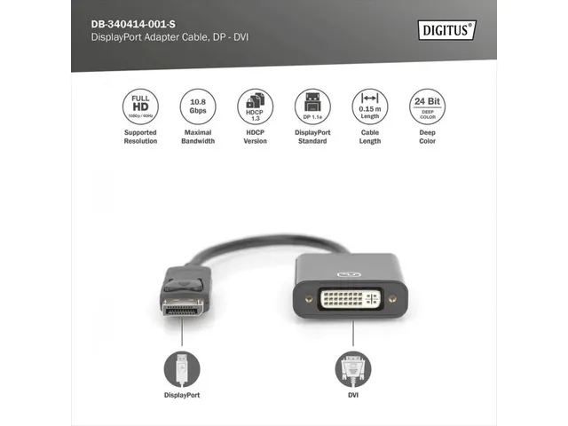 DisplayPort-adapterkabel DP type DVI (24+5) M/F 0,15m Full HD Zwart