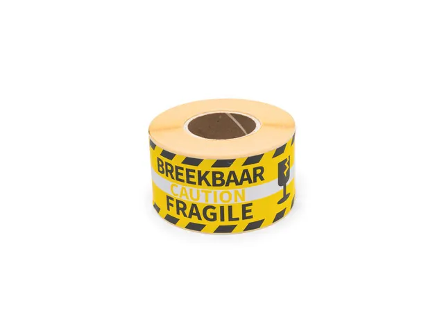 Gevaaretiket Raadhuis 46x125mm rol 250 stuks Fragile caution EN/NL gee
