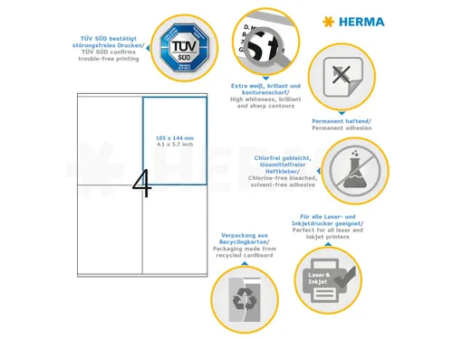 HERMA 4454 Premium etiketten A4 105x144mm Wit 400 stuks