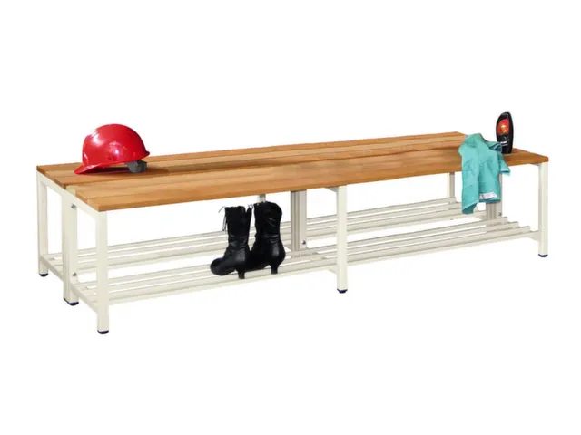 banc double LxP 2000x740mm barrettes en bois hêtre piètement RAL9010