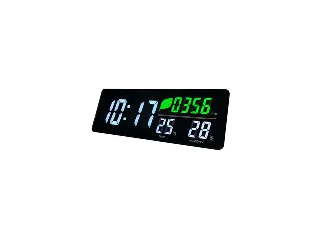 zwarte LED klok met CO2- temperatuur- luchtvochtigheid- en luchtkwalit