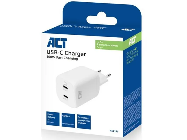 Oplader ACT USB-C 100W 2-poorts PD, PPS, AVS, QC, Ganfast