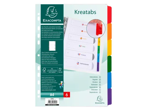 Tabbladen Witte Karton Kreatabs Personaliseerbaar 6-Delig A4 11-Gaats