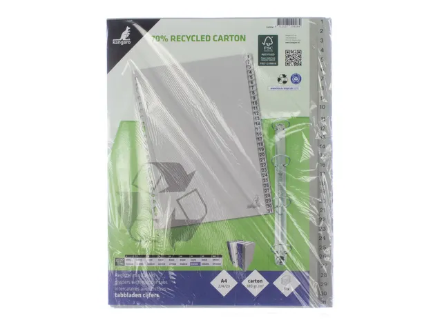 Tabblad ECO Kangaro A4 cijfers 180 grams grijs karton 23-gaats 31-deli