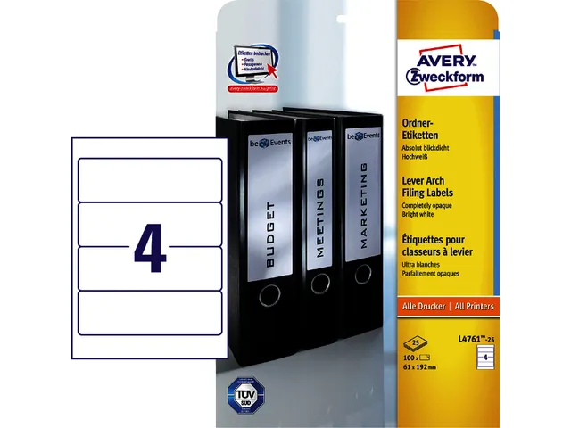 Avery L4761-25 Rugetiket 61x192mm Zelfklevend Wit 100 stuks