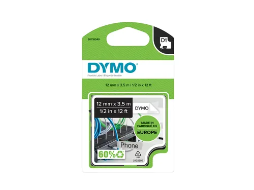 Labeltape Dymo 16953 D1 718040 12mmx3.5m nylon zwart op wit S0718040