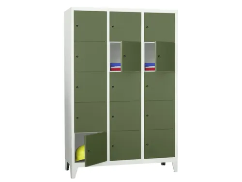 lockerkast,HxBxD 1850x1200x500mm,3x5vakken,RAL7035,front RAL6011