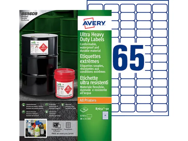 Etiket Avery B7651-50 38x21mm polyethyleen wit 3250 stuks