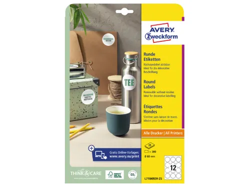 Etiket Avery L7104REV-25 rond 60mm wit 300 stuks 25 vel