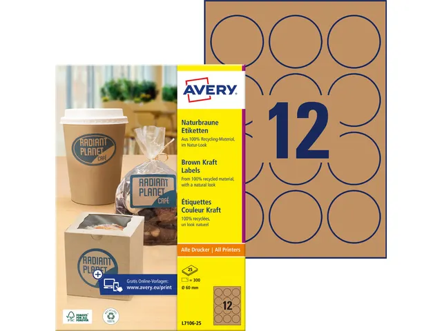 Etiket Avery L7106-25 permanent rond 60mm kraft 300 stuks 25 vel