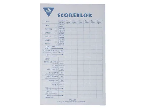 Scoreblok Yahtzee 94x145mm 250 vel