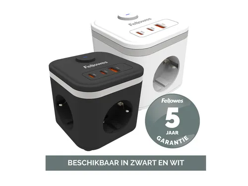 Stekkerblok Fellowes Power Cube F 3-voudig 1xUSB A 2xUSB C 2m wit