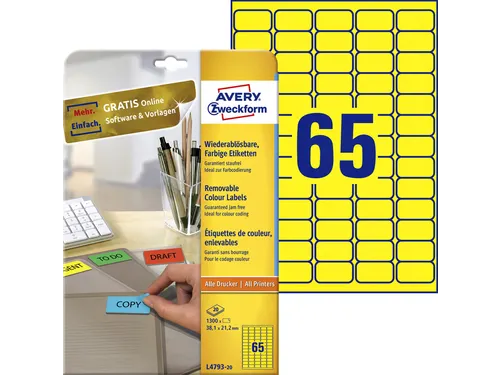 Gekleurde Etiketten Avery Zweckform 38.1x21.2mm Geel 1300 stuks
