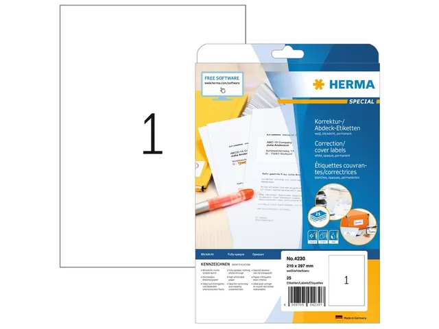 Correctie Etiket Herma 4230 210x297mm A4 Wit 25 stuks
