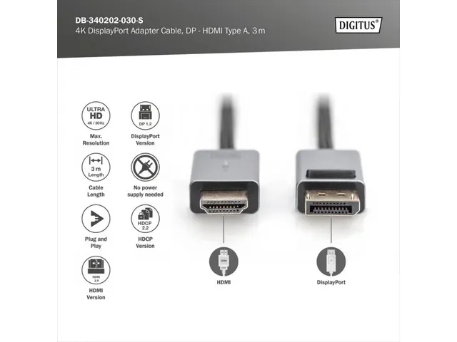 4K DisplayPort-adapterkabel DP HDMI Type A 3m Met LED