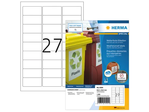 HERMA 4594 Weerbestendige Inkjet-etiket A4 63.5x29.6mm wit 1080 stuks