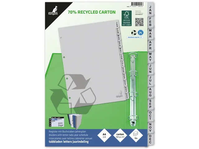 Tabblad ECO Kangaro A4 letters 180 grams grijs karton 4-gaats 12-delig