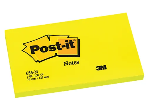 Memoblok Post-it 655 76x127mm 100 vel per blok neon geel