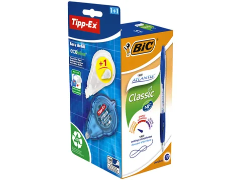 Balpen Bic Atlantis medium blauw 12 stuks + gratis Tipp-Ex easy
