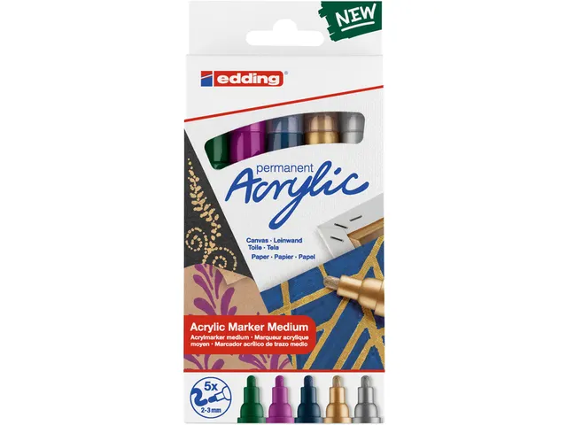 Acrylmarker edding e-5100 medium set van 5 kleuren metallic