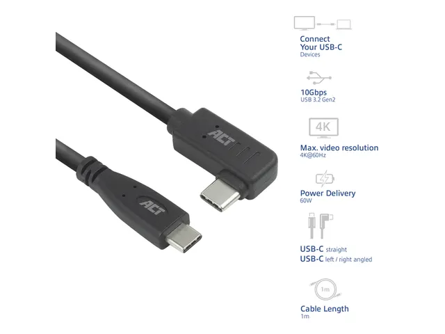 Kabel ACT USB-C standaard naar USB-C hoek 10Gbps 1m