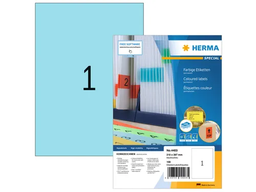 HERMA 4403 Gekleurde etiketten A4 210x297mm Blauw 100 stuks